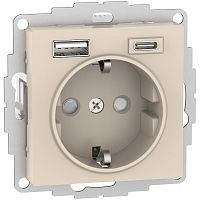 Розетка с заземлением +2xUSB тип A+C без рамки Systeme Electric AtlasDesign 1-м. бежевый картинка